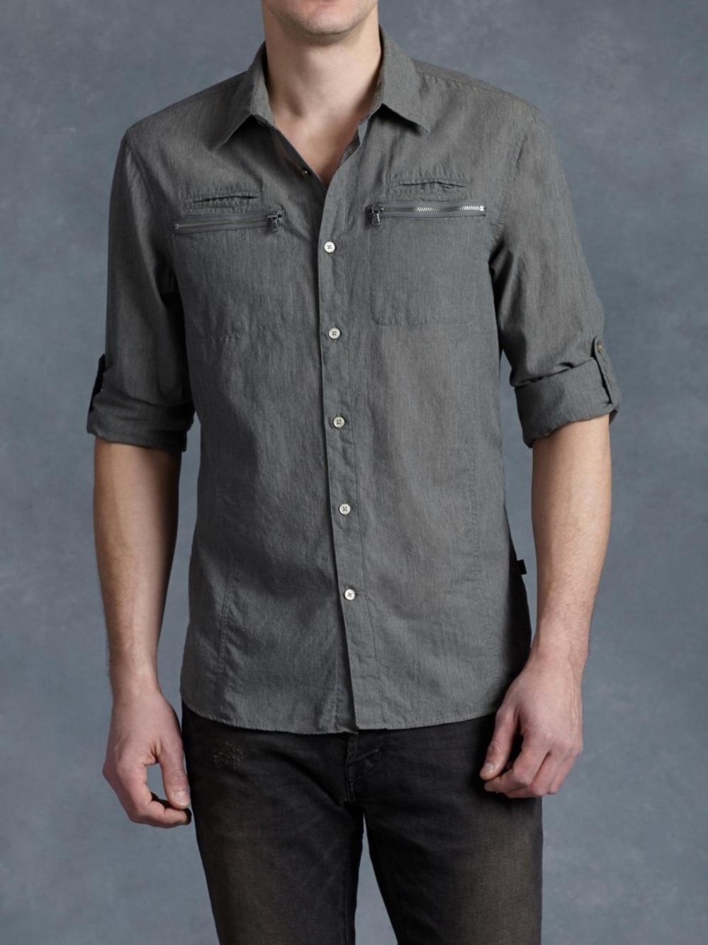 John Varvatos Blue Double Zip Chest Pocket Button-Down Shirt, size XXL